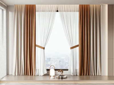 Layered Brown and White Curtains with Tiebacks for Window with City View 3d model