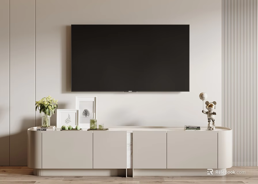 Modern White TV Stand With Flat Screen TV Decorative Plants Photo Frames And Light Wall 3d model 