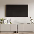 Modern White TV Stand With Flat Screen TV Decorative Plants Photo Frames And Light Wall