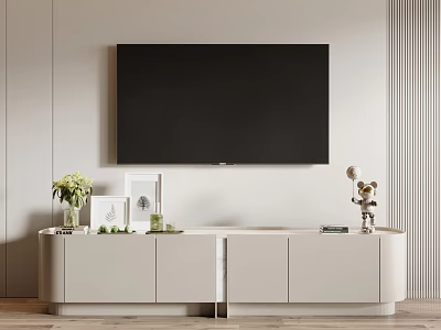 Modern White TV Stand With Flat Screen TV Decorative Plants Photo Frames And Light Wall 3d model