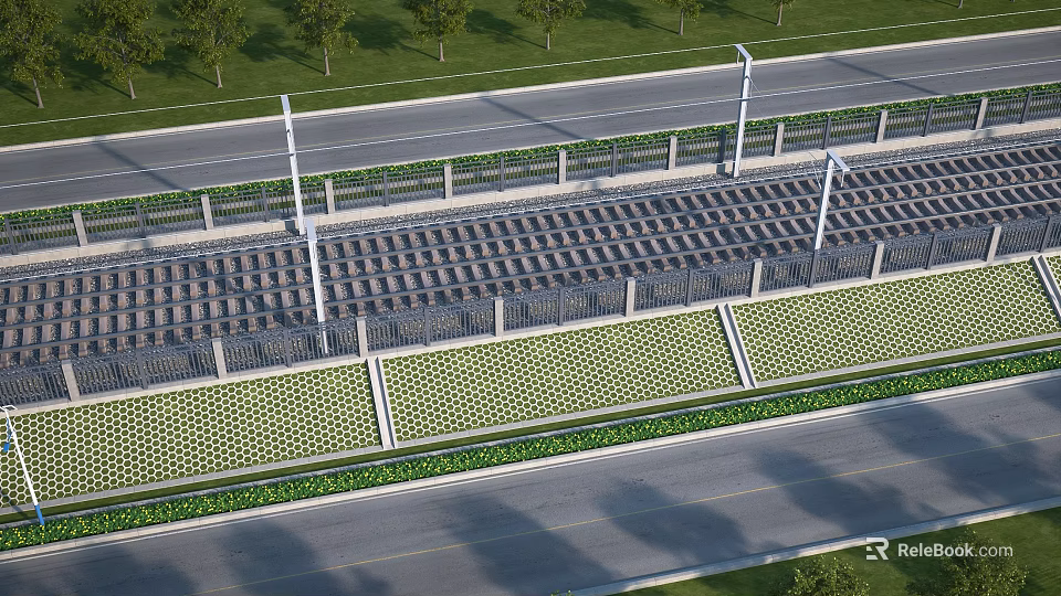 Modern Building Exterior Wall With Perforated Panel Design And Roadside Green Landscaping 3d model 