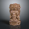 Ancient Maya Style Sculpture With Intricate Facial Carvings And Curved Ornaments