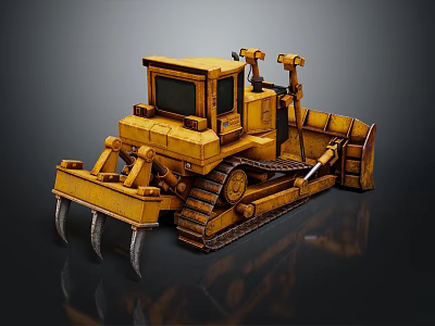 Yellow Bulldozer 3D Model with Tracks Blade and Front Claws on Dark Background 3d model