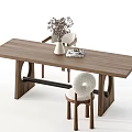 Modern Wooden Dining Table With Chairs Featuring Circular Leg Cutouts Upholstered Seats And Vase Decor