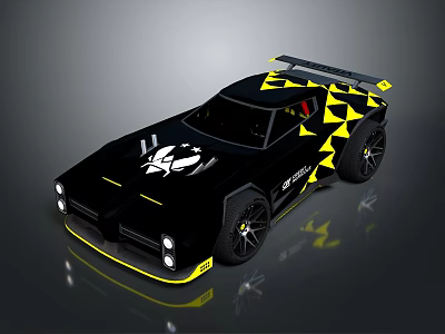 Black Racing Car With Yellow Geometric Patterns Rear Spoiler And Front Logo 3d model