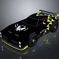 Black Racing Car With Yellow Geometric Patterns Rear Spoiler And Front Logo