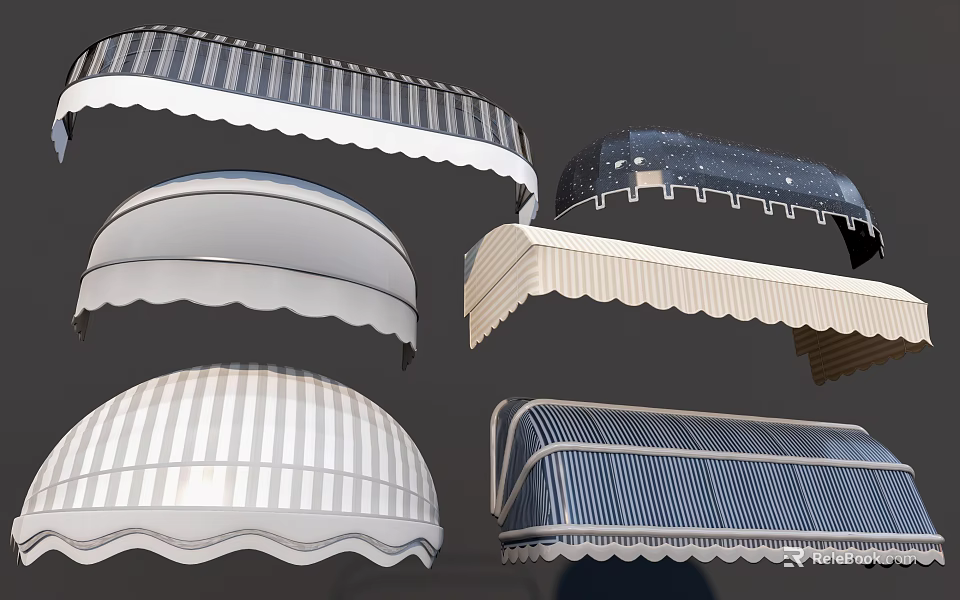 Assorted Stylish Awnings Featuring Striped Curved And Star Pattern Designs 3d model 