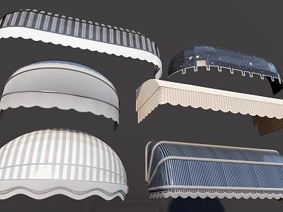 Assorted Stylish Awnings Featuring Striped Curved And Star Pattern Designs 3d model