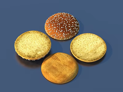Four freshly baked hamburger buns with sesame seeds and golden brown crusts 3d model