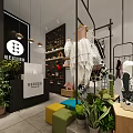 Stylish Clothing Store Interior with Hanging Clothes Display Racks and Green Plants