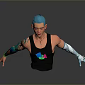 Blue Haired Man Wearing Black Tank Top With Colorful Logo Tattoos and Blue Cybernetic Arm