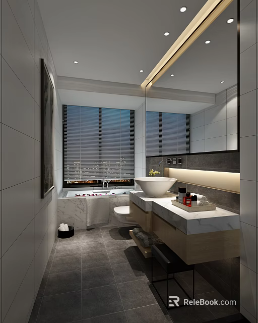Modern Minimalist Bathroom With Elegant Marble Vanity Vessel Sink And Spacious Window Side Bathtub Design 3d model 