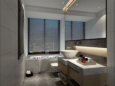 Modern Minimalist Bathroom With Elegant Marble Vanity Vessel Sink And Spacious Window Side Bathtub Design 3d model