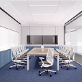 Modern Meeting Room Interior With Long Table White Chairs Blue Carpet Whiteboard And Large Screens