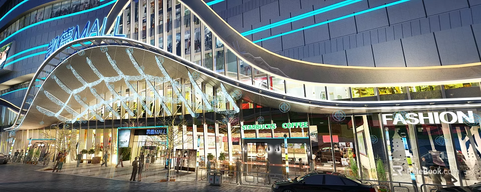 Modern Architectural Landscape With Glass Facade Blue Lighting Storefronts And Urban Pedestrian View 3d model 