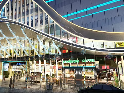 Modern Architectural Landscape With Glass Facade Blue Lighting Storefronts And Urban Pedestrian View 3d model