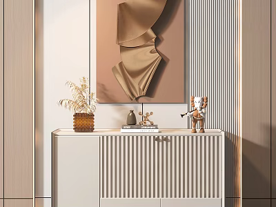 Sleek Modern White Entryway Side Cabinet With Decorative Items And Wall Art Decor 3d model