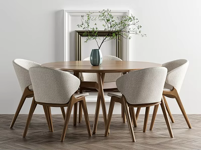 Round Wooden Dining Table With Beige Fabric Chairs And Greenery Vase Decor 3d model