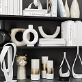 Stylish Decorative Ornament Set With Books Vases Circular Decor And Cat Figurine On Shelves