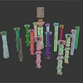 Various Classical Stone Columns With Ancient Architectural Designs And Different Heights