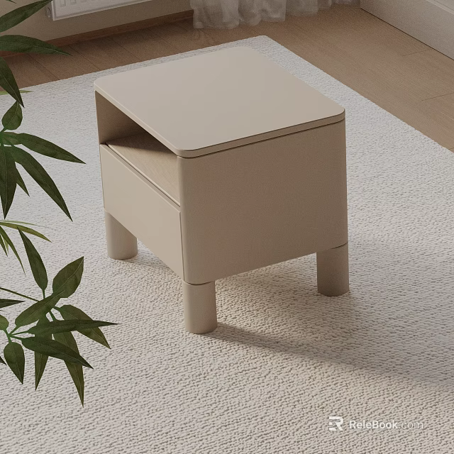Modern Beige Bedside Table With Drawer Cylindrical Legs On Carpet And Green Plant 3d model 