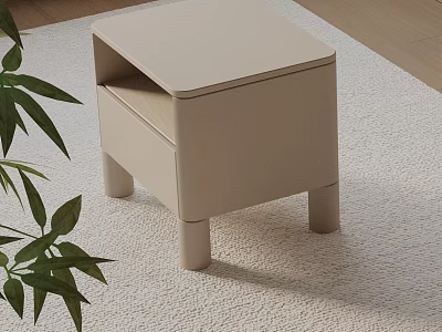 Modern Beige Bedside Table With Drawer Cylindrical Legs On Carpet And Green Plant 3d model