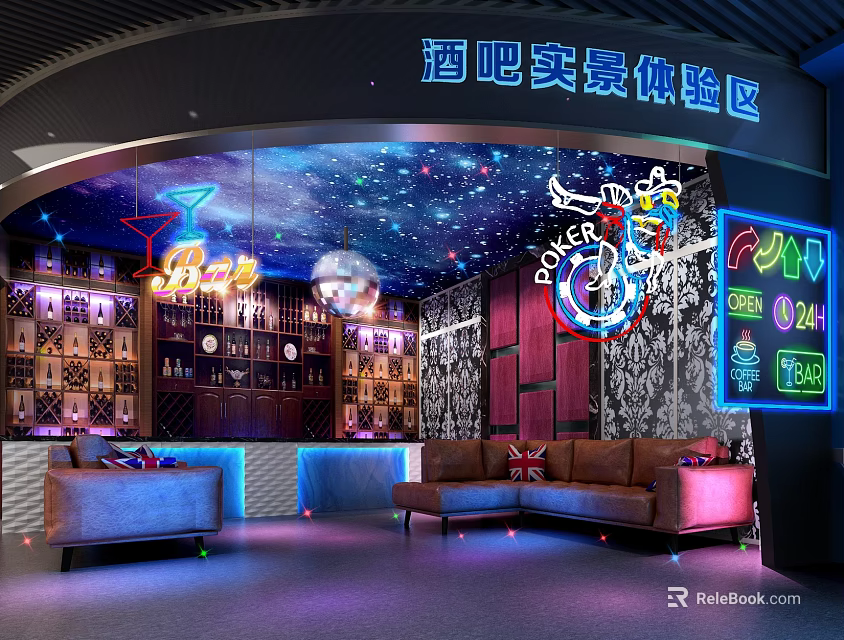 Bar Real Scene Experience Area With Neon Lights Starry Sky Ceiling Wine Racks And Sofas 3d model 