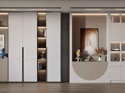 Modern Bookcase Interior Design With Built in Lighting Decorative Items And White Gray Finish 3d model