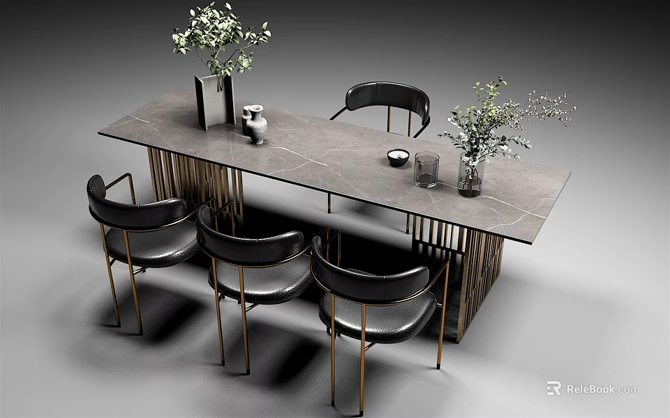 Elegant Tea Table And Chairs With Gray Top Gold Legs Black Leather Seats And Green Plant 3d model 