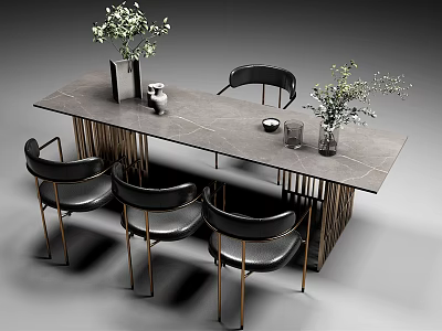 Elegant Tea Table And Chairs With Gray Top Gold Legs Black Leather Seats And Green Plant 3d model