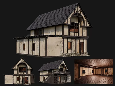 Traditional Ancient Building With Sloped Tiled Roof Stone and Wooden Walls And Interior Wooden Ceiling 3d model