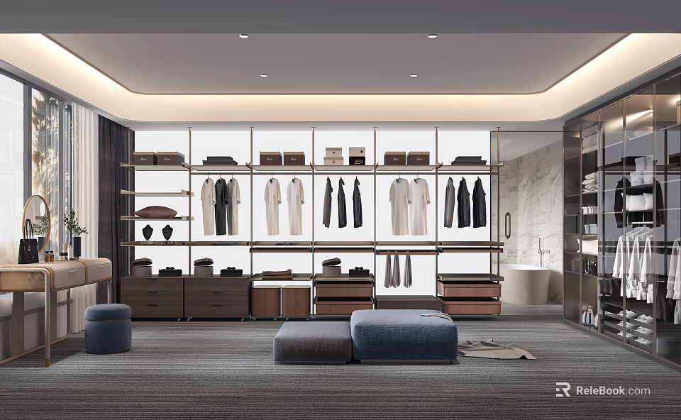 Modern Spacious Walk-in Closet Interior With Built-in Cabinets Hanging Clothes And Storage Drawers 3d model 