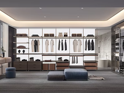 Modern Spacious Walk-in Closet Interior With Built-in Cabinets Hanging Clothes And Storage Drawers 3d model