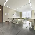Modern Classroom Interior With White Tables Chairs Projection Screen And Black White