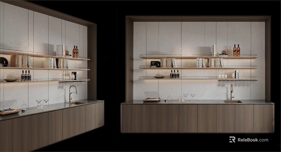Sleek Modern Wine Cabinet Design With Open Glass Shelves And Wine Bottle Storage 3d model 