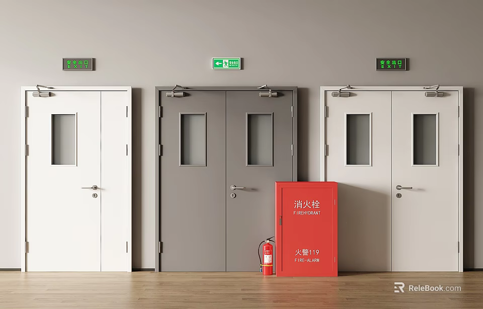 Fire Safety Equipment With Emergency Exit Doors Fire Hydrant Cabinet And Extinguisher 3d model 