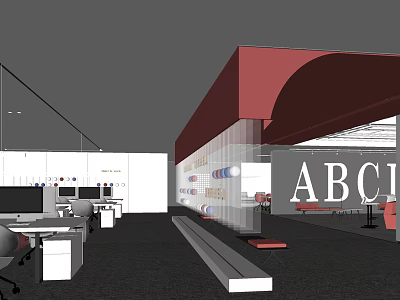 Modern Public Office Space With Red Canopy Glass Partitions And ABC Signage 3d model