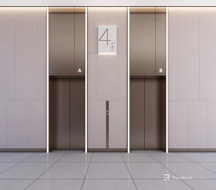Modern Elevator Hallway With Two Elevator Doors 4F Sign Recessed Lighting And Light-colored Walls 3d model