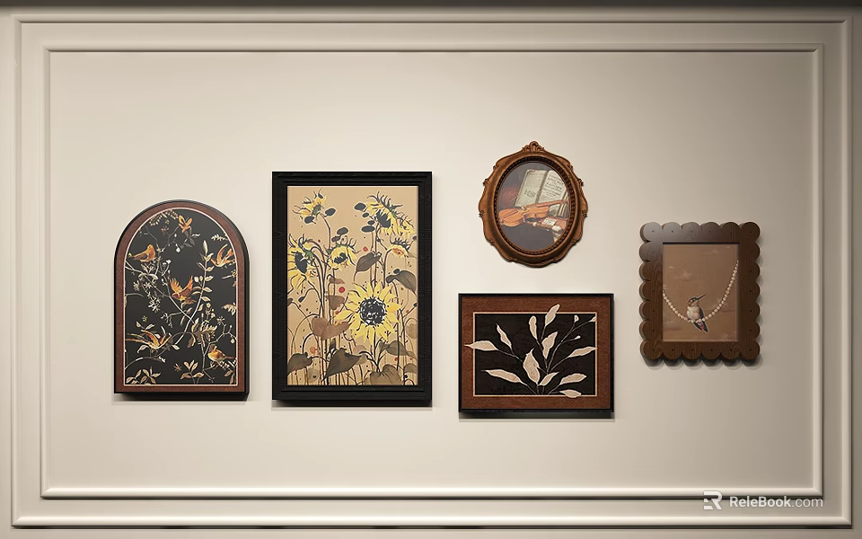 Photo Wall With Various Shaped Decorative Frames And Artwork On White Wall 3d model