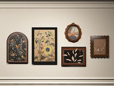 Photo Wall With Various Shaped Decorative Frames And Artwork On White Wall 3d model