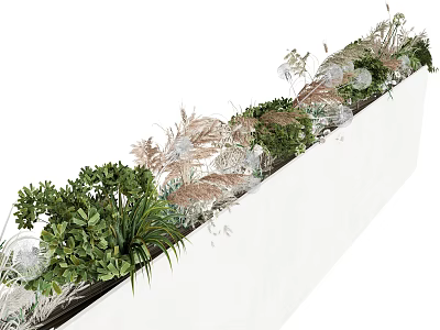 Beautiful Flowers And Plants In White Rectangular Planter With Green Foliage And Dried Grasses 3d model