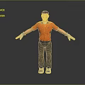 Man Arms Outstretched Orange Polo Shirt Dark Blue Pants White Gloves Blue Sneakers Gray Background