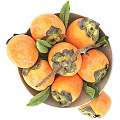 Fresh Ripe Persimmons in Ceramic Bowl with Green Leaves and Wooden Branch