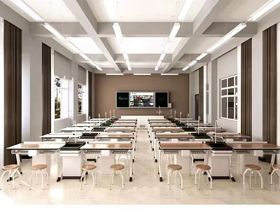 Modern Scientific Lab With Desks Stools And Screens 3d model