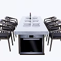 Outdoor Table With Long Rectangular Grey Stone Top And Six Chairs With White Plates 3d model