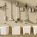 Organized Wall Mounted Cleaning Tools Storage With Mops Brooms And White Buckets 3d model