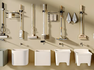 Organized Wall Mounted Cleaning Tools Storage With Mops Brooms And White Buckets 3d model