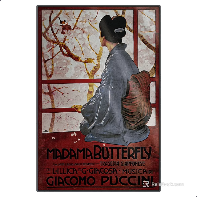 Portrait of Japanese Woman in Kimono with Cherry Blossom Branches Window and Madama Butterfly Theme 3d model 