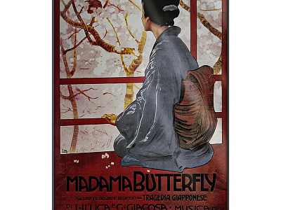 Portrait of Japanese Woman in Kimono with Cherry Blossom Branches Window and Madama Butterfly Theme 3d model