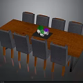 Red Wooden Dining Table With Eight Gray Chairs And Decorative Vases On Tray